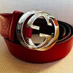 GUCCI -Authentic Red Guccissima GG Belt Size 100/40 Gold Buckle Includes COA